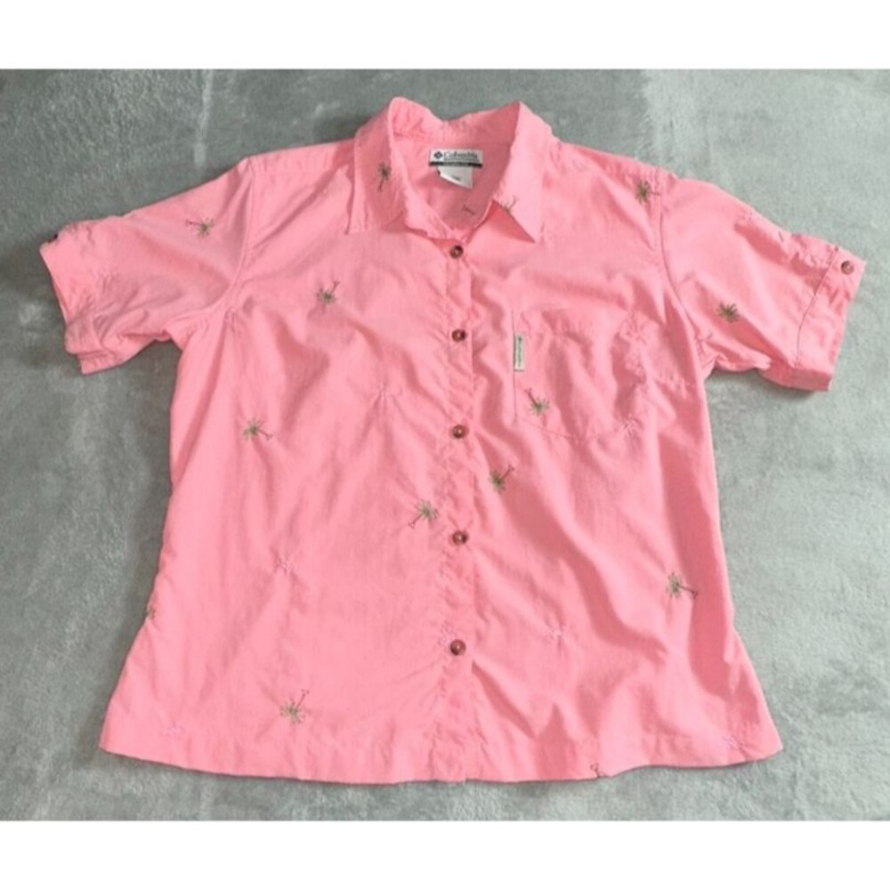 Columbia Women's Camp Shirt L Pink Short Sleeve Tropical Vacation Embroidered